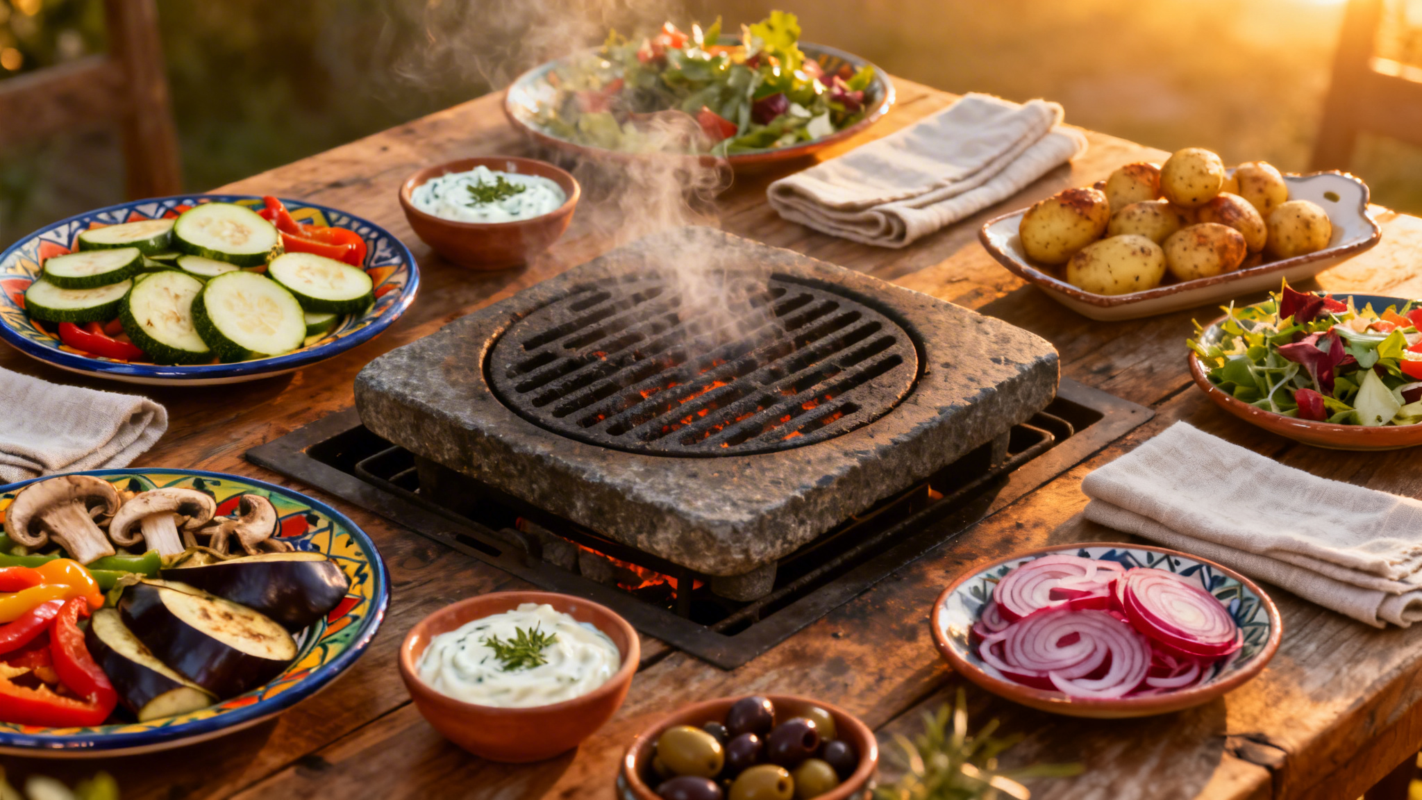 Accompagnement pour pierrade avec légumes, sauces et féculents