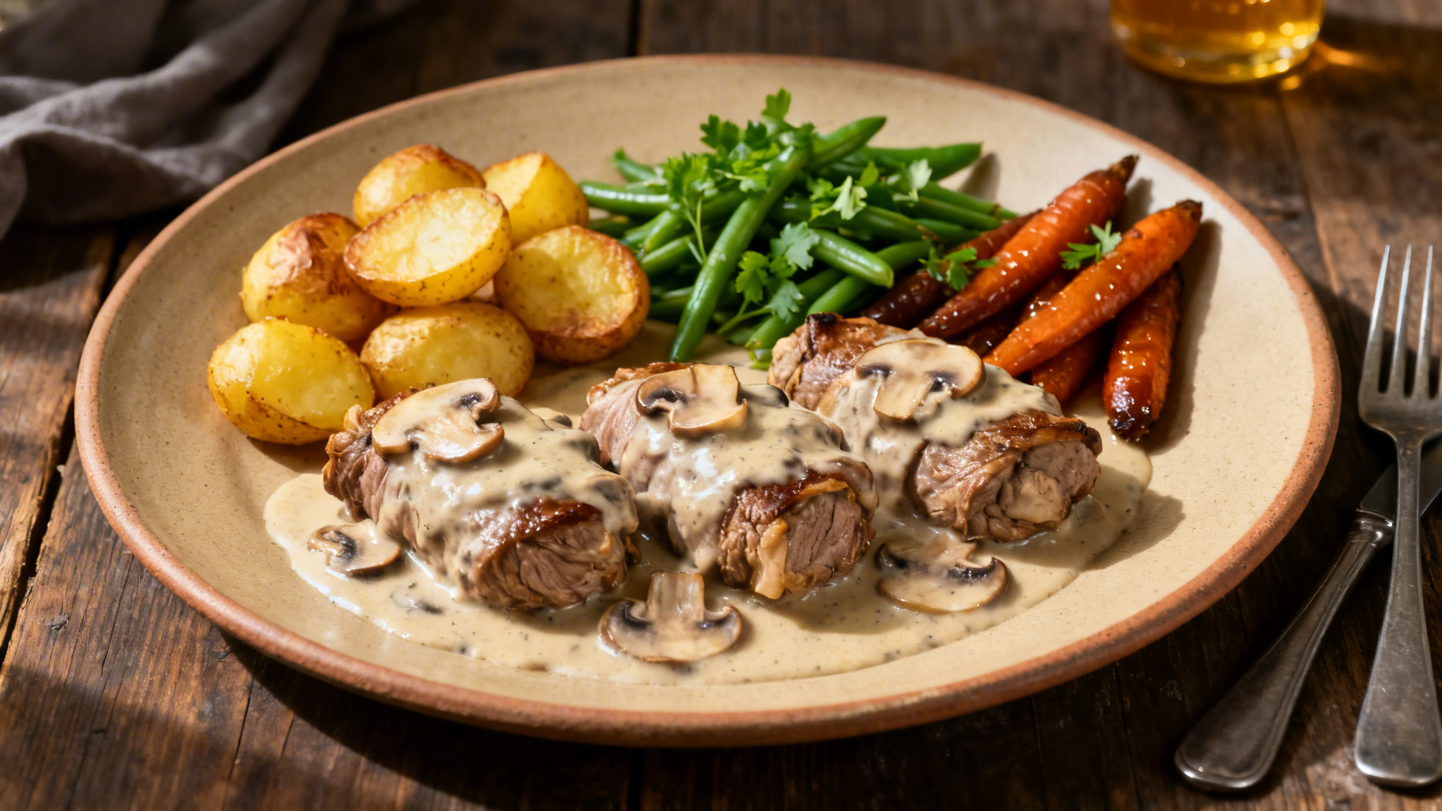 Assiette avec accompagnements pour paupiettes de veau et trois garnitures