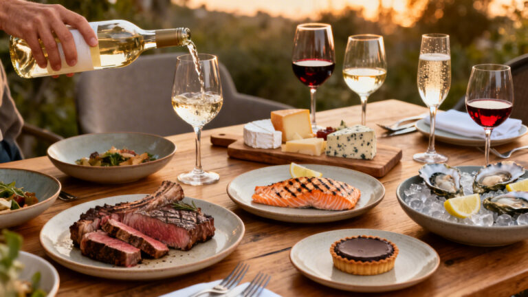 Accords mets et vins illustrés sur une table élégante