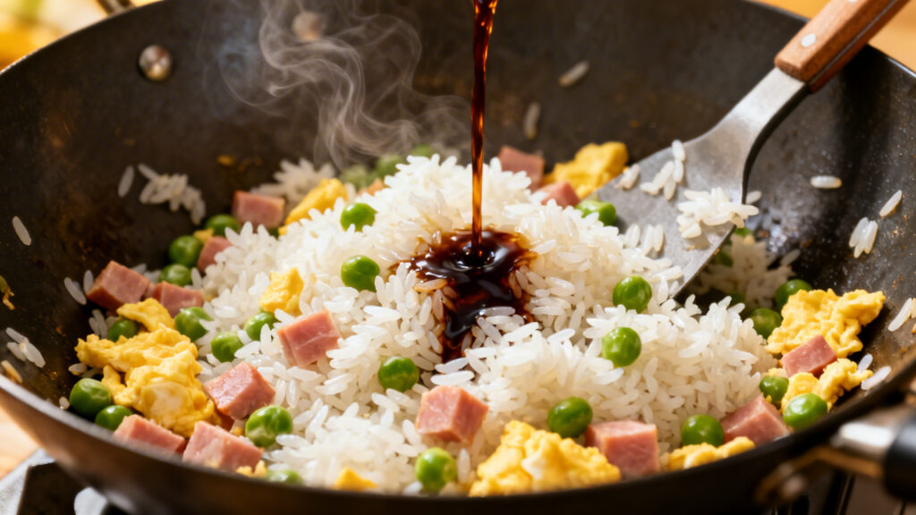 Riz jasmin sauté au wok, sauce soja claire en filet