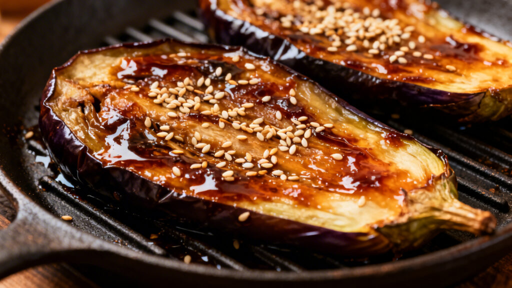 Aubergines barbecue laquées au miso et sésame
