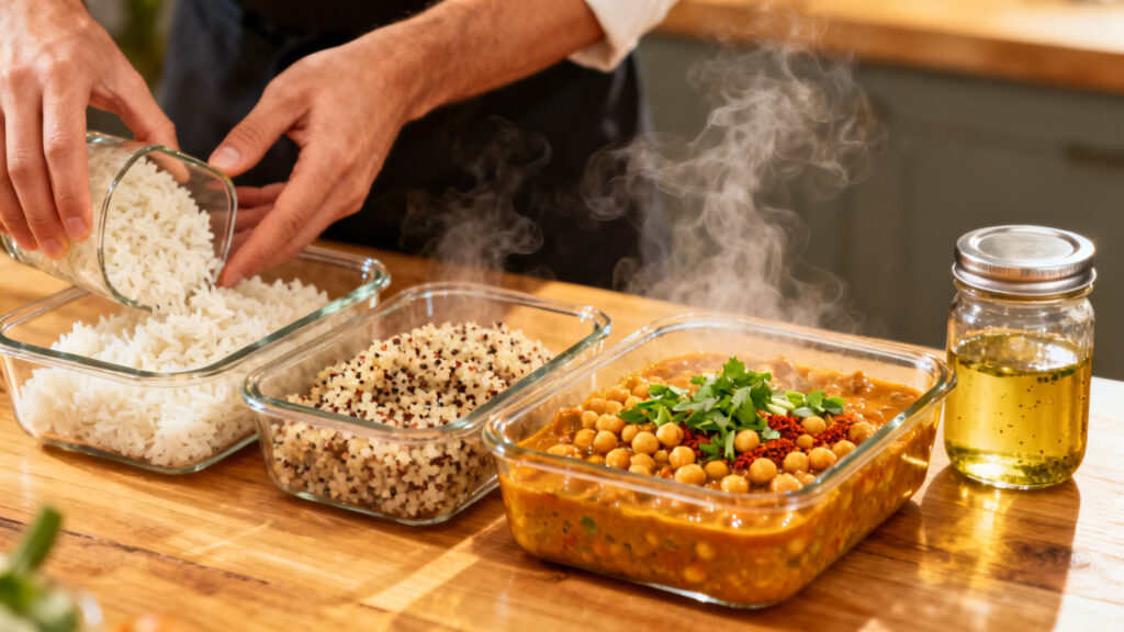 Batch cooking rapide, contenants remplis et herbes ciselées