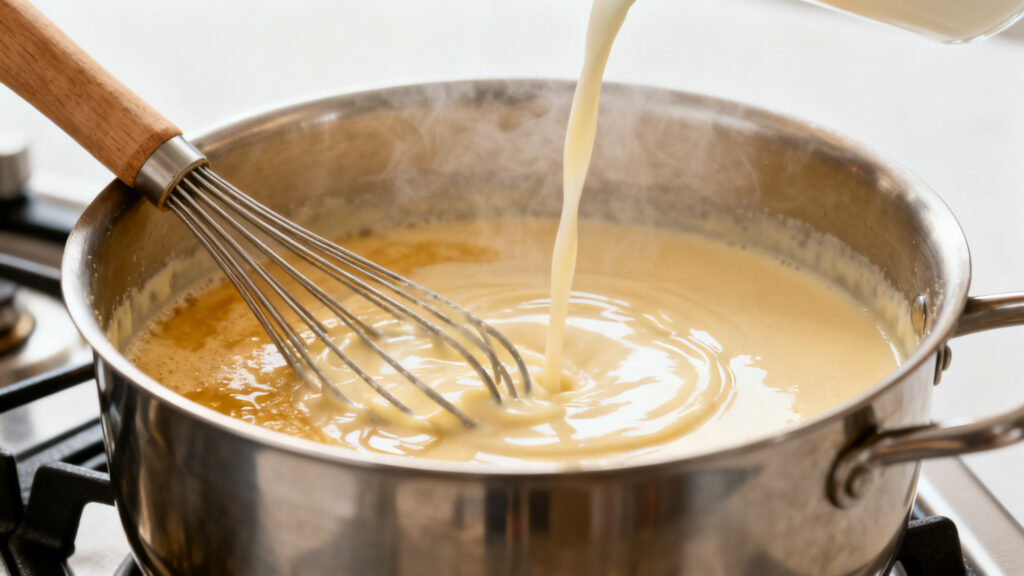 Béchamel nappante au fouet, roux blond maîtrisé