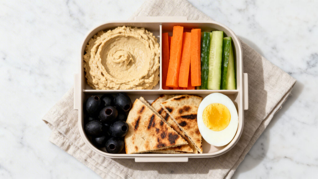 Bento déjeuner houmous, crudités, pita et œuf