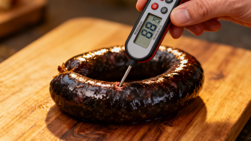 Thermomètre à 69 °C au cœur du boudin, peau souple-croustillante