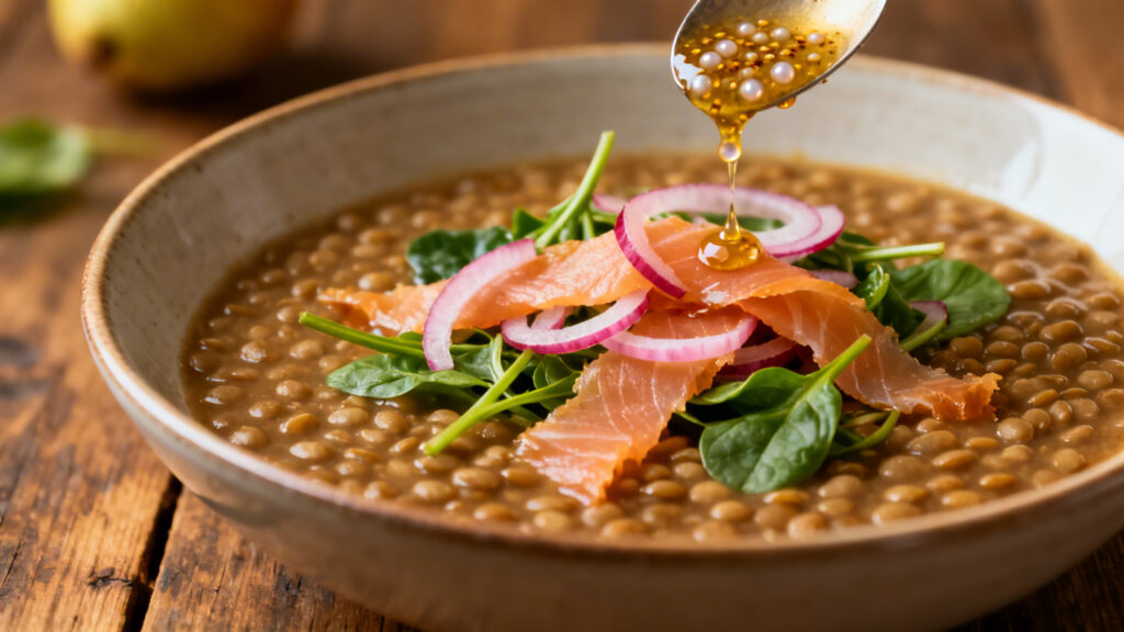 Bowl protéiné lentilles, saumon fumé et épinards
