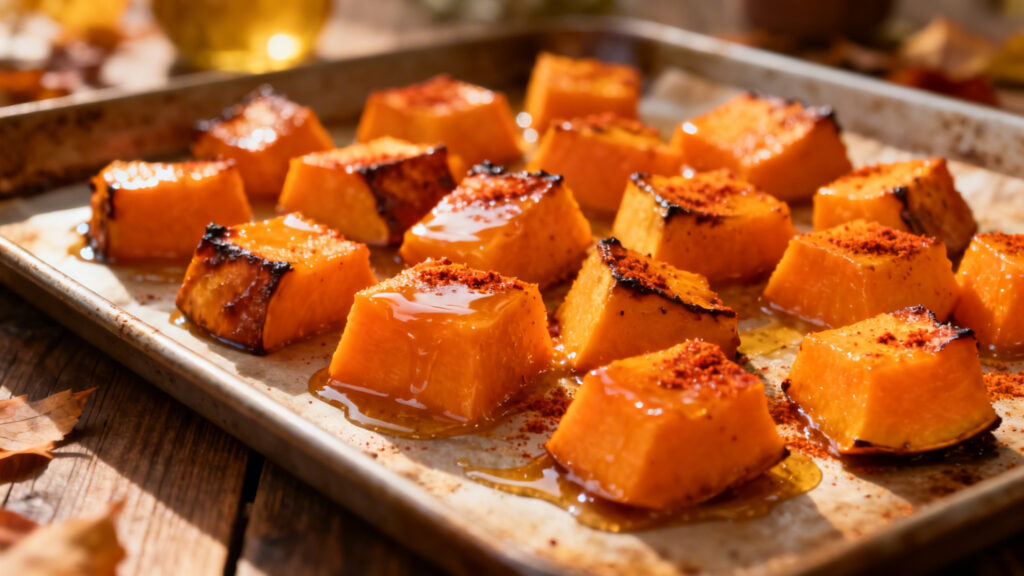Dés de butternut rôtie au sirop d’érable et piment doux