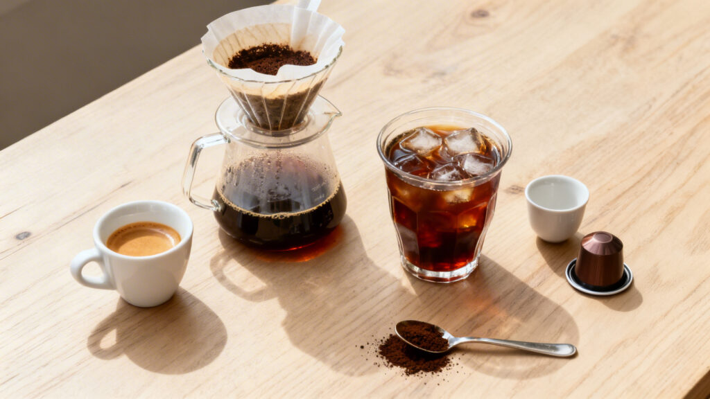 Espresso, filtre, cold brew et capsule comparant la teneur en caféine