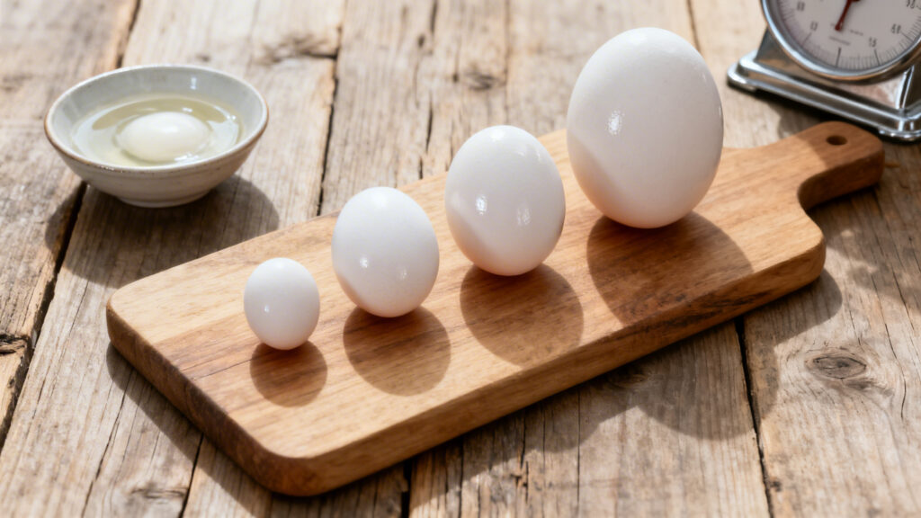 Œufs S M L XL et bol de blanc pour comparer les calibres