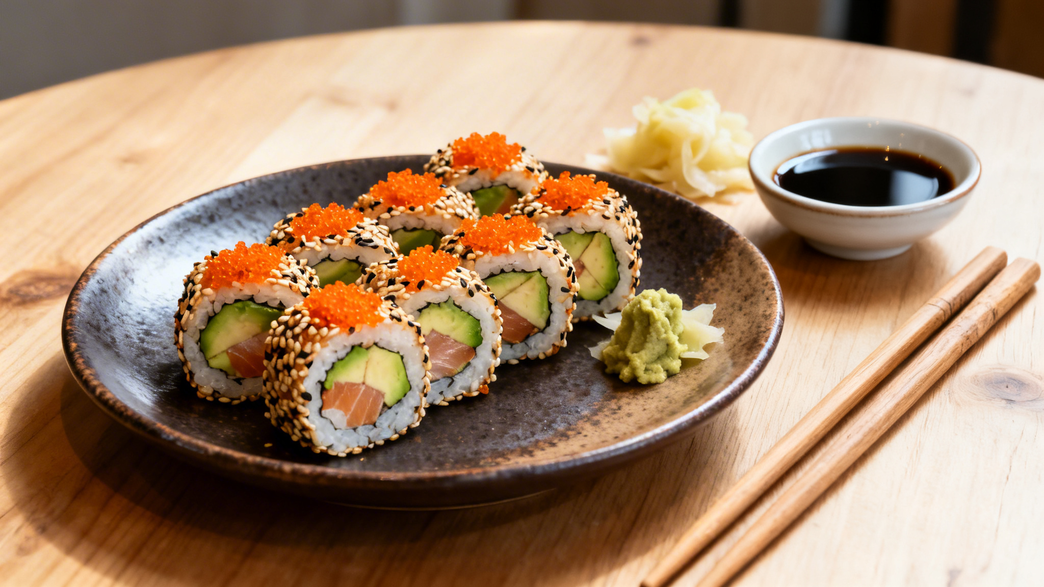 Assiette de california sushi au sésame et tobiko