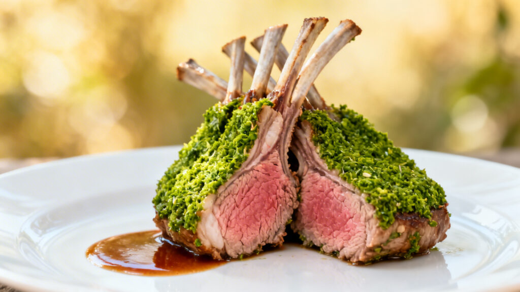 Carré d’agneau rosé avec croûte d’herbes et jus brillant