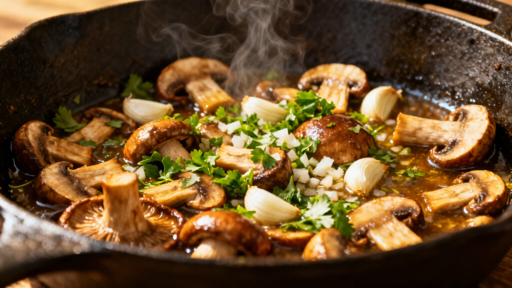 Champignons poêlés dorés à l’ail et persil frais