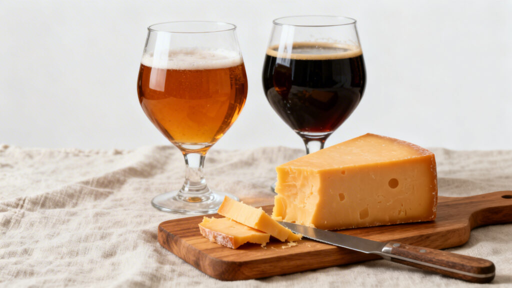 Bière ambrée et brune avec cheddar affiné pour welsh