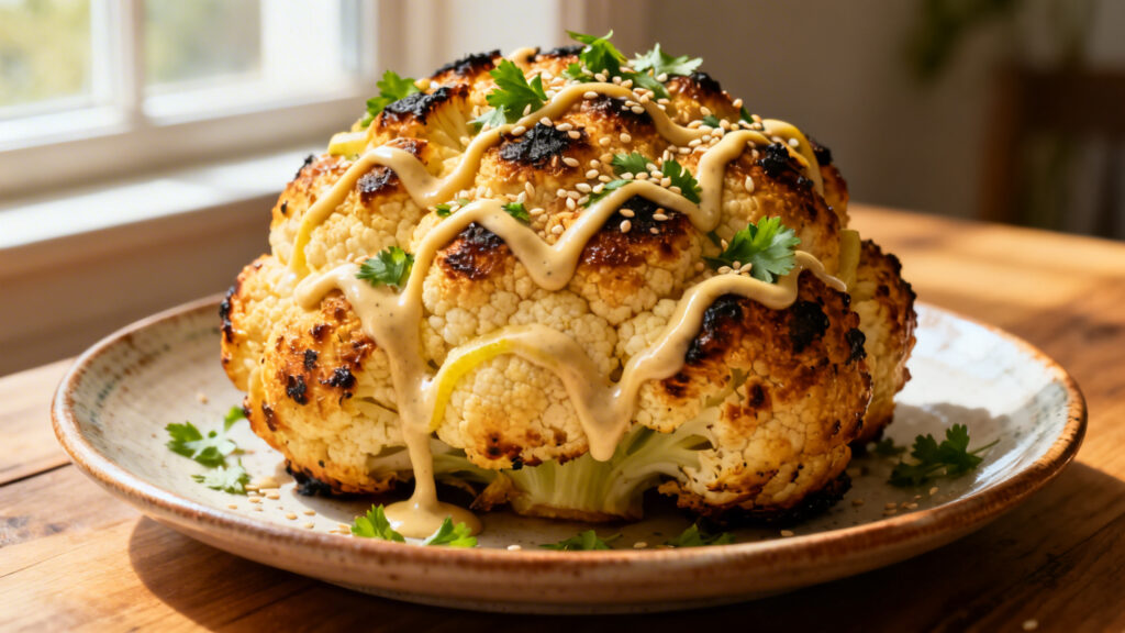 Chou-fleur rôti entier avec sauce tahini citronnée et herbes