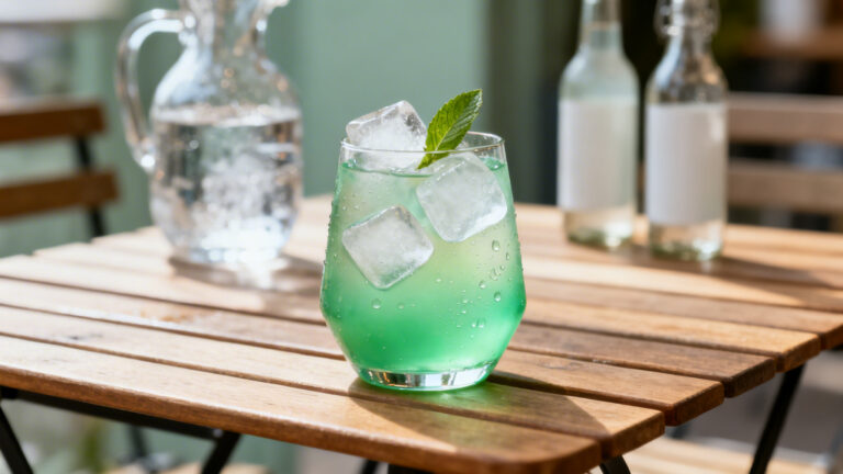 Cocktail Perroquet vert opalescent avec gros glaçons