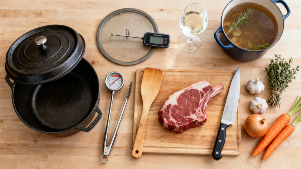 Cocotte en fonte, sonde et ustensiles pour le rôti