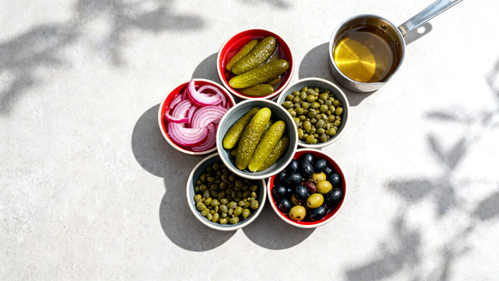 Pickles d'oignons rouges, olives, câpres et cornichons