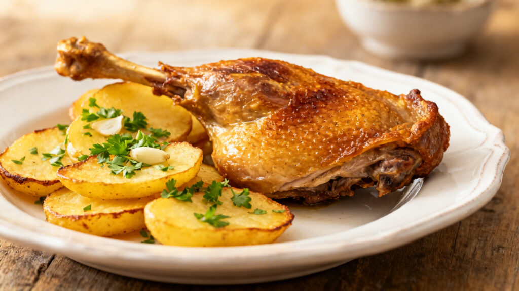Confit de canard peau croustillante et pommes sarladaises dorées
