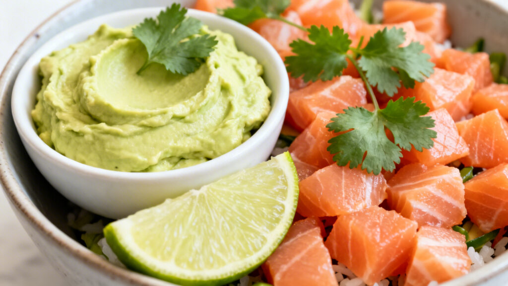 Crème d’avocat citron vert pour saumon cru