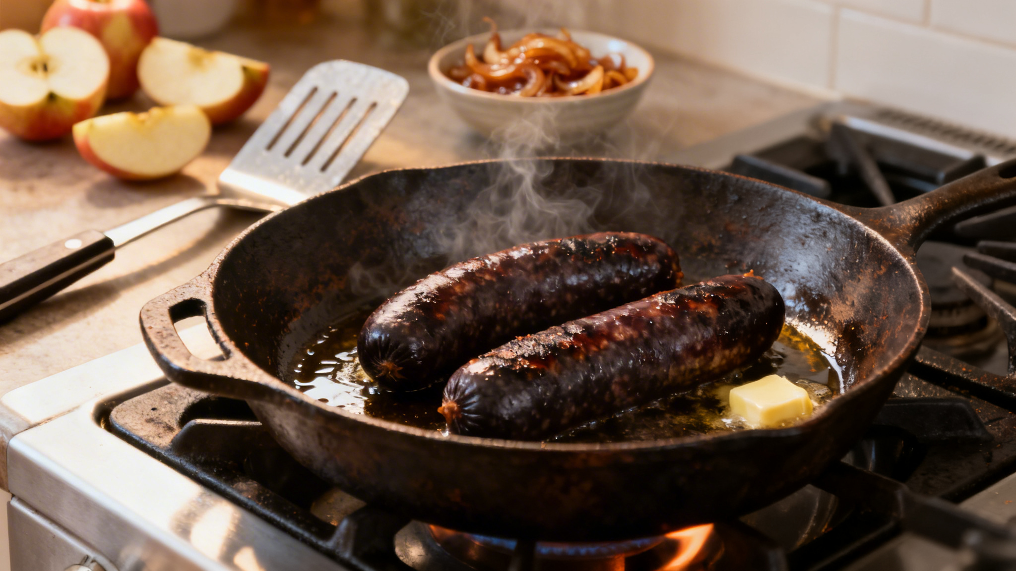 Cuisson du boudin noir à feu doux, peau intacte et brillante