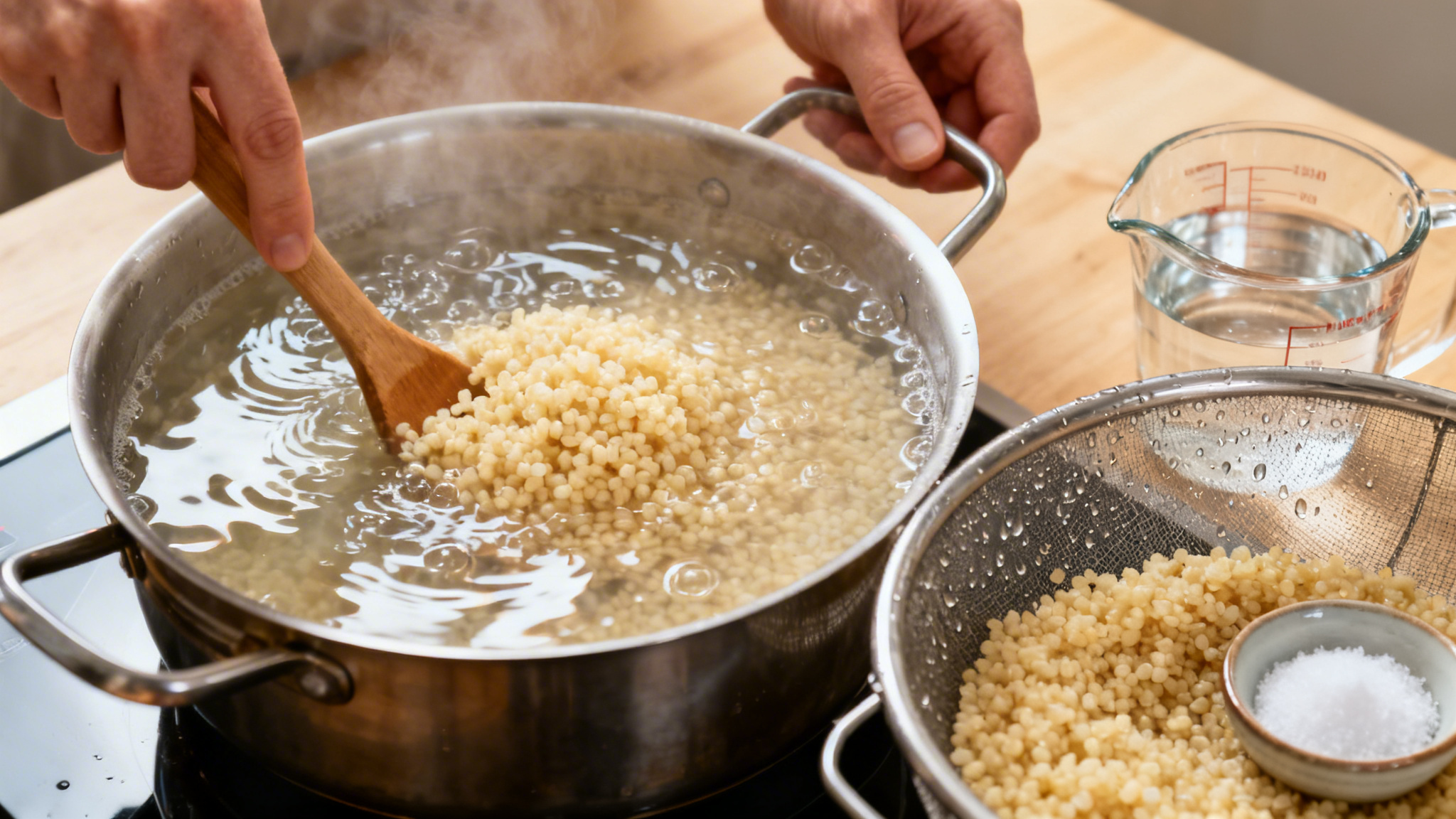 Cuisson du boulgour à l’eau, grains égouttés et vapeur visible