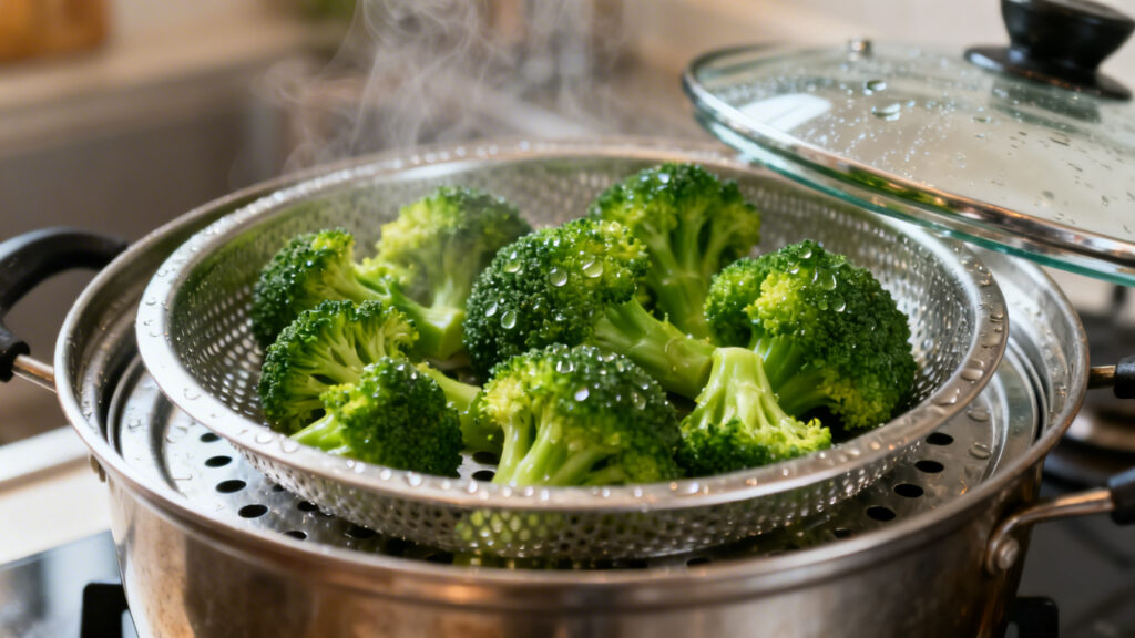 Cuisson brocoli vapeur dans panier, couvercle fermé