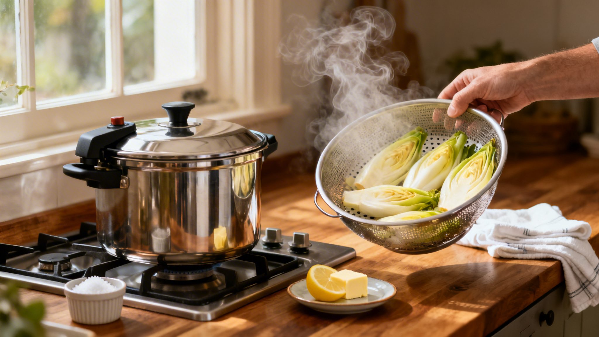 Cuisson des endives à la cocotte-minute, panier vapeur fumant