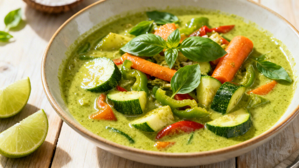 Curry vert de légumes al dente au lait de coco et basilic