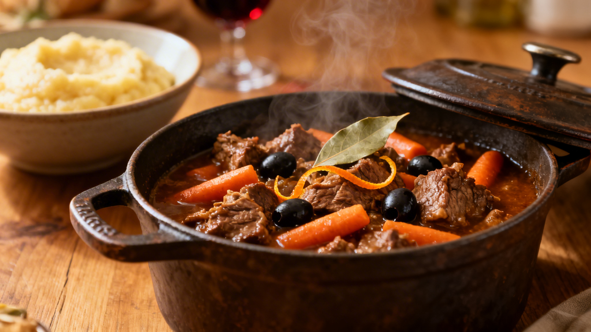 Daube de sanglier en cocotte, olives et zeste d’orange