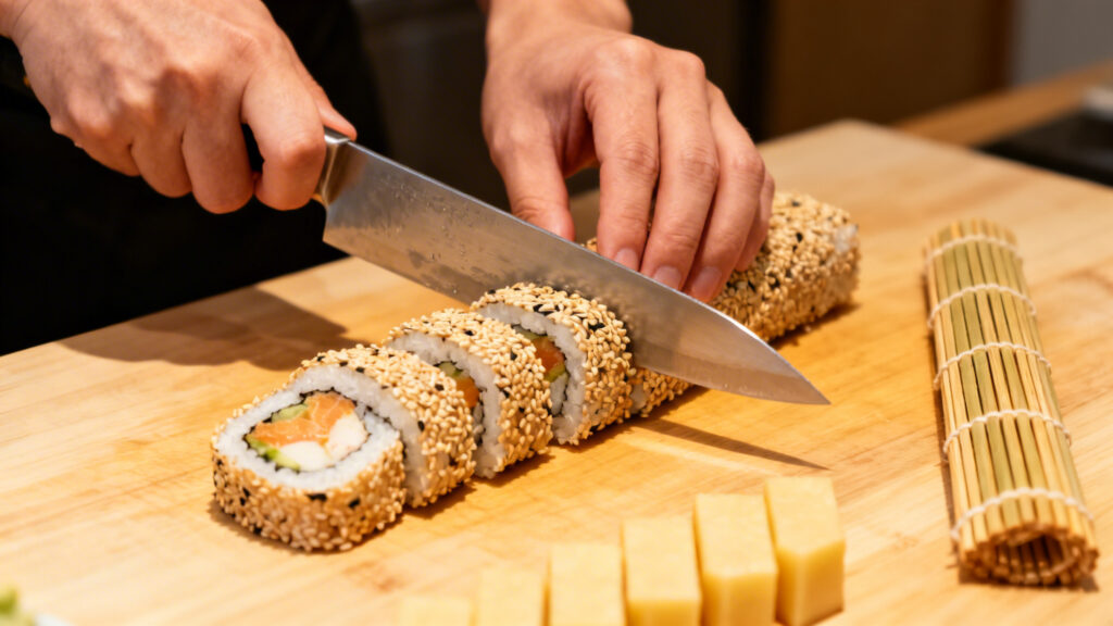 Découpe d’un California roll au couteau humide, 8 pièces