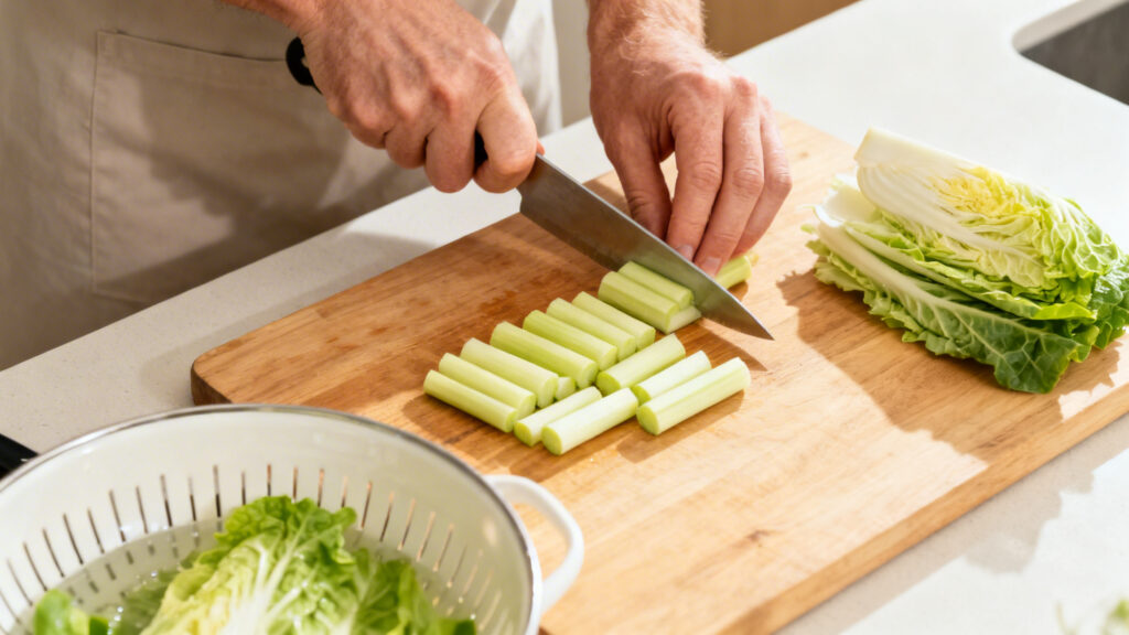 Découpe du chou chinois, feuilles et côtes séparées