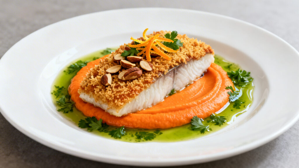 Cabillaud croustillant aux noisettes, mousseline de carotte