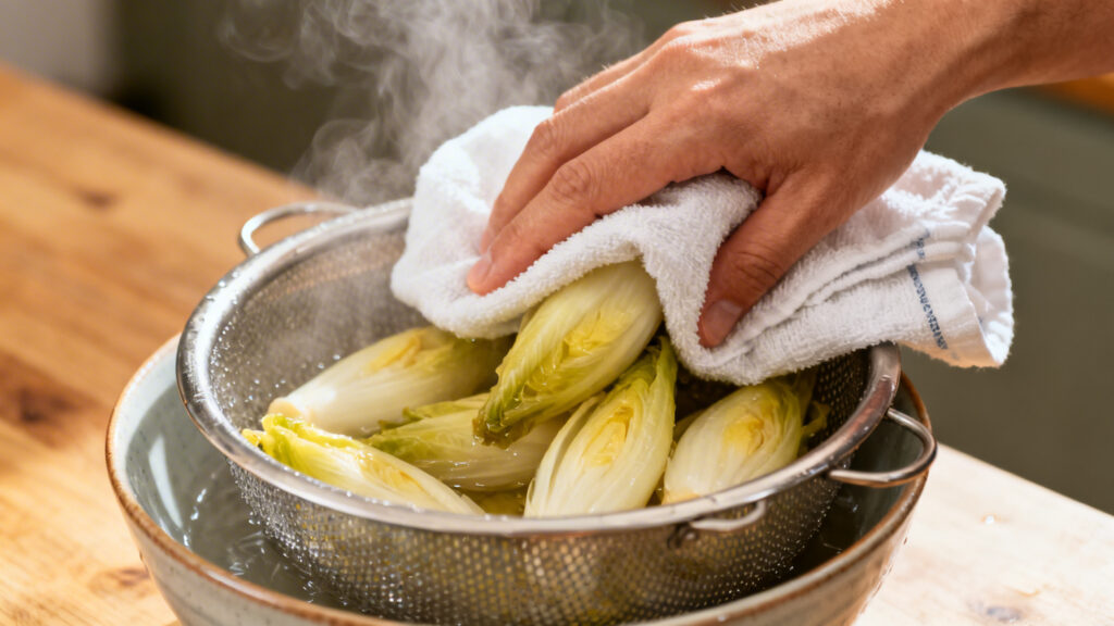 Égouttage des endives cuites, pression délicate pour enlever l’excès d’eau