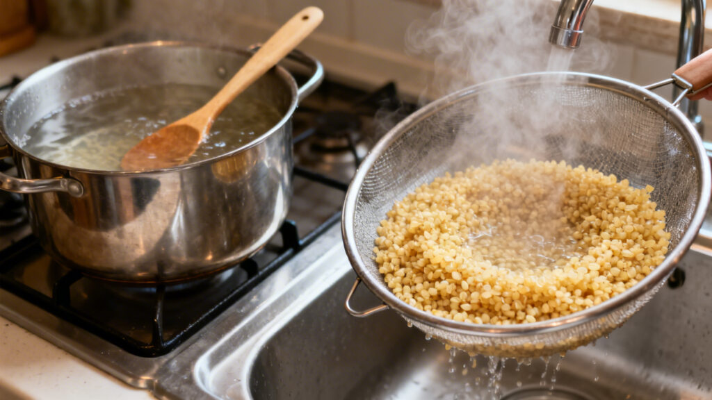 Boulgour égoutté en passoire, grains détachés et vapeur