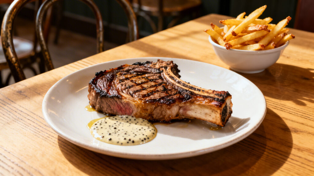 Entrecôte grillée sauce poivre et frites maison croustillantes