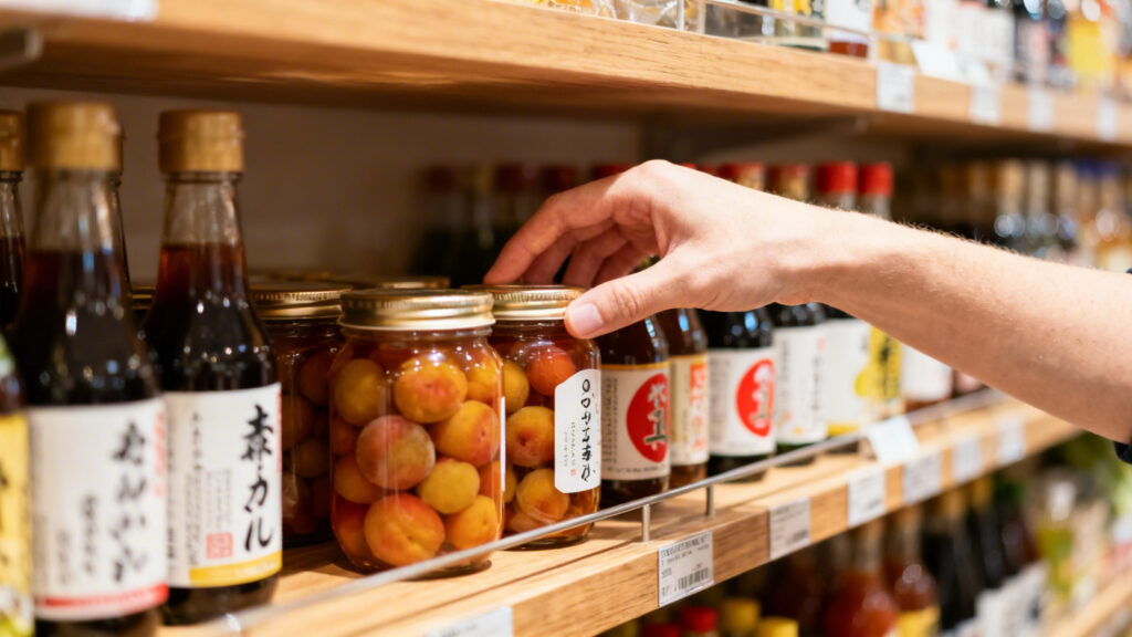 Rayon d’épicerie japonaise&nbsp;: bocaux d’umeboshi et condiments