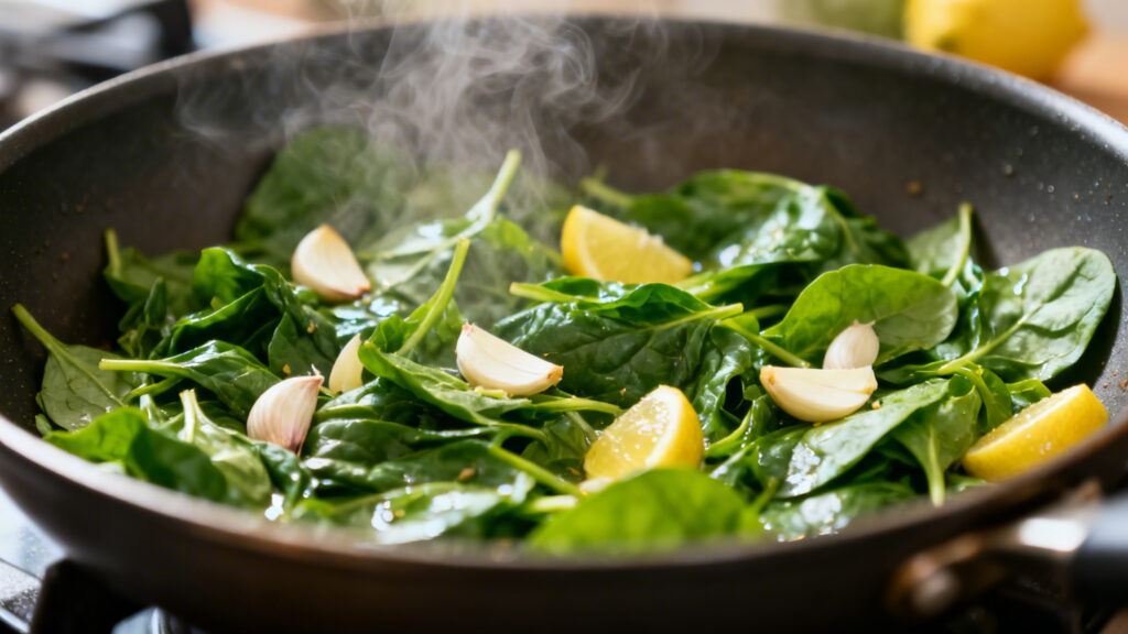 Épinards poêlés à l’ail, verts brillants et juteux