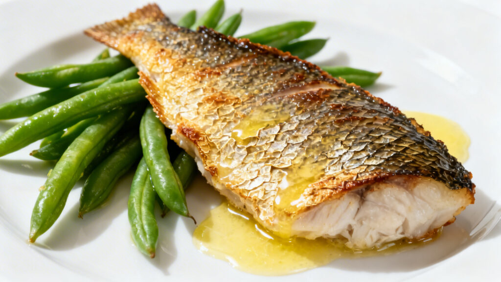 Filet de bar peau croustillante avec haricots verts citronnés