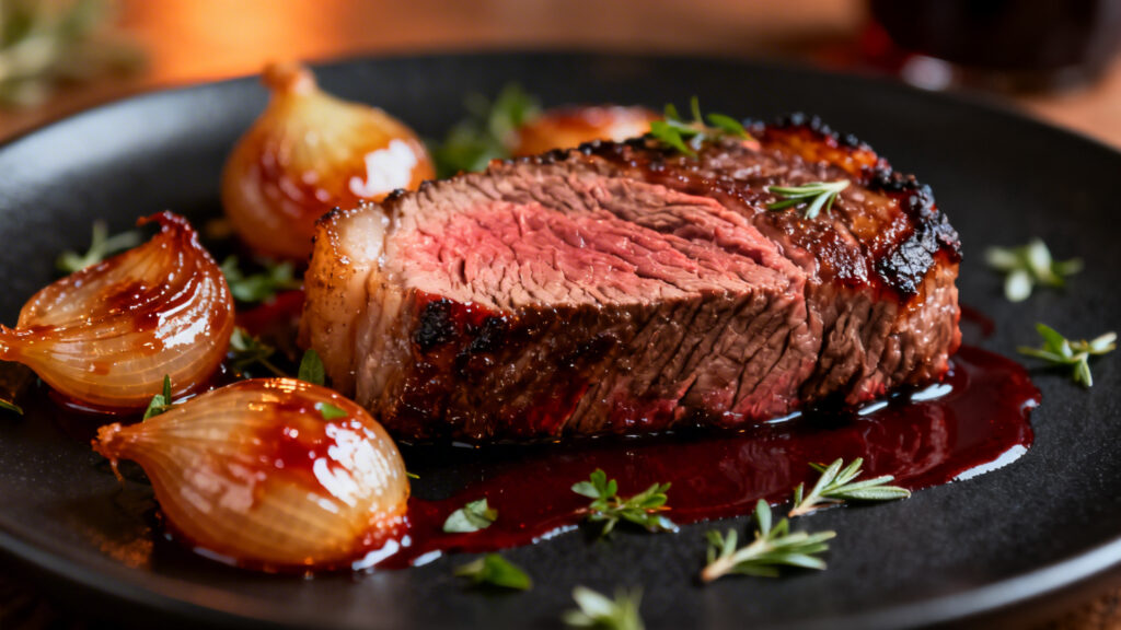 Filet de bœuf fondant et jus réduit au vin rouge