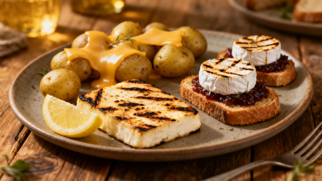 Halloumi grillé, raclette sur pommes de terre, chèvre