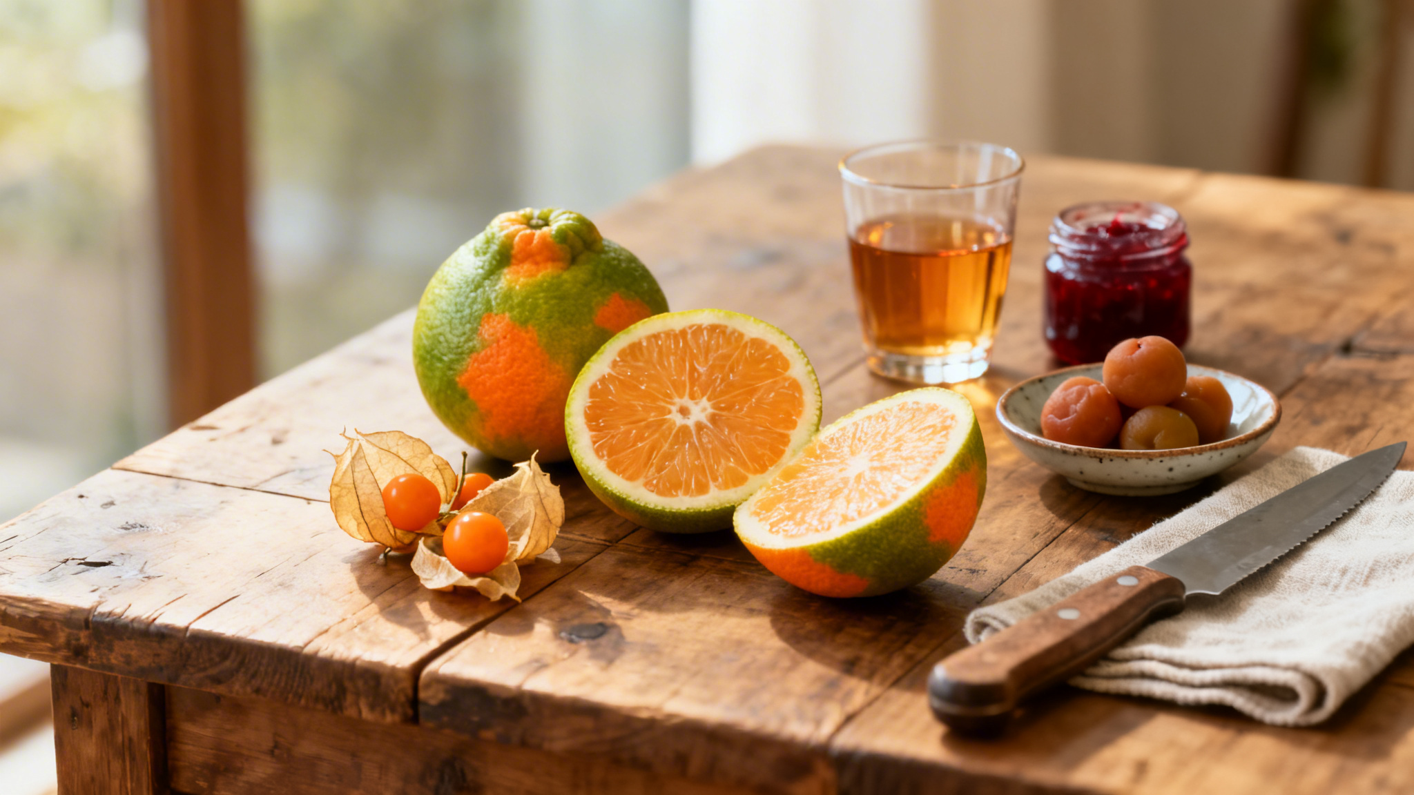 Assortiment de fruits en U&nbsp;: ugli, physalis, umeboshi, confiture d’ugni