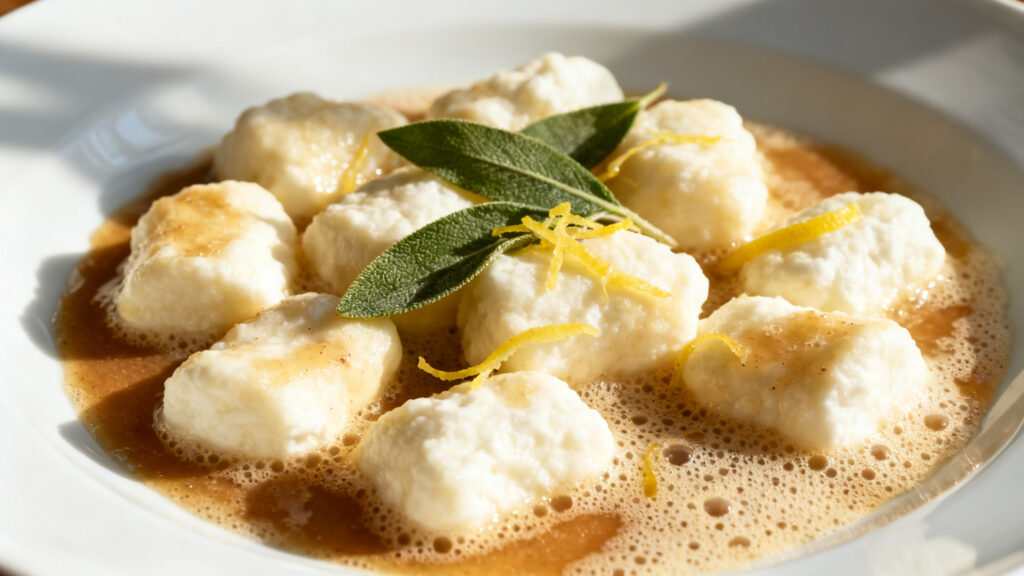 Gnocchi ricotta au citron et beurre-sauge, assiette simple