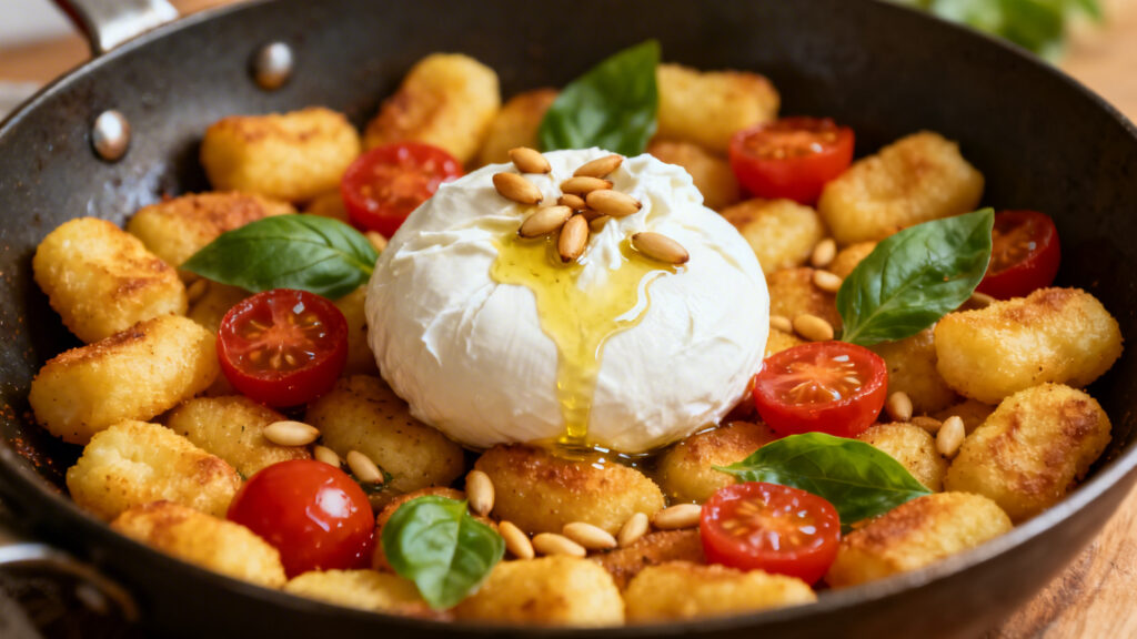 Gnocchis poêlés tomates et burrata au basilic