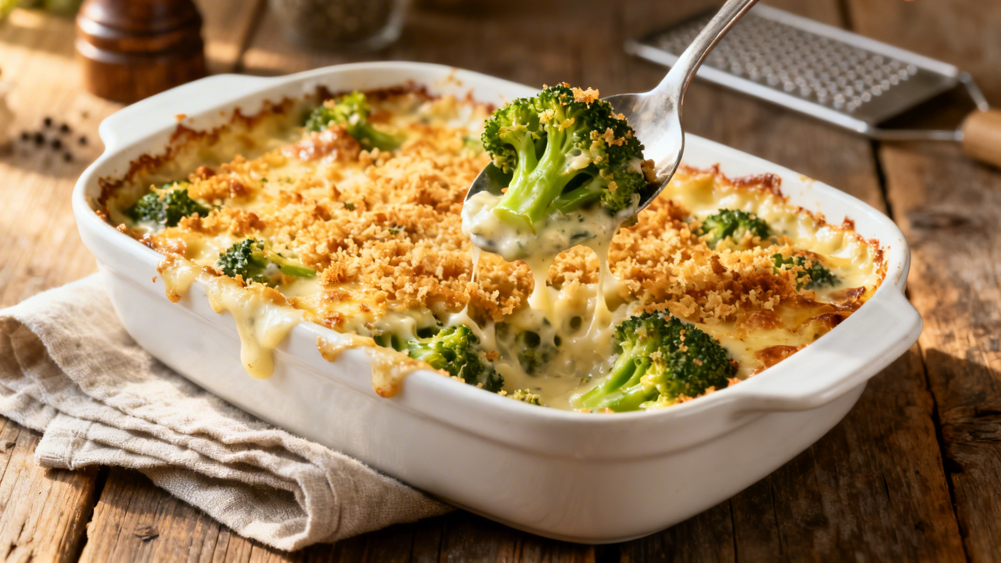 Gratin de brocolis doré à la béchamel, prêt à servir
