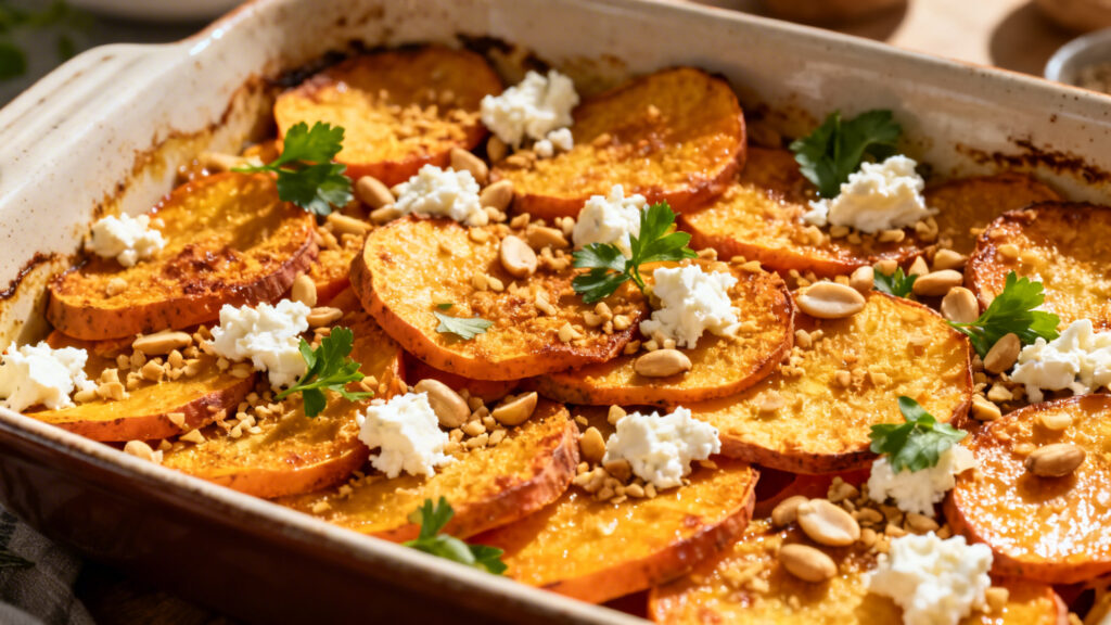 Gratin de patate douce, feta et cacahuètes