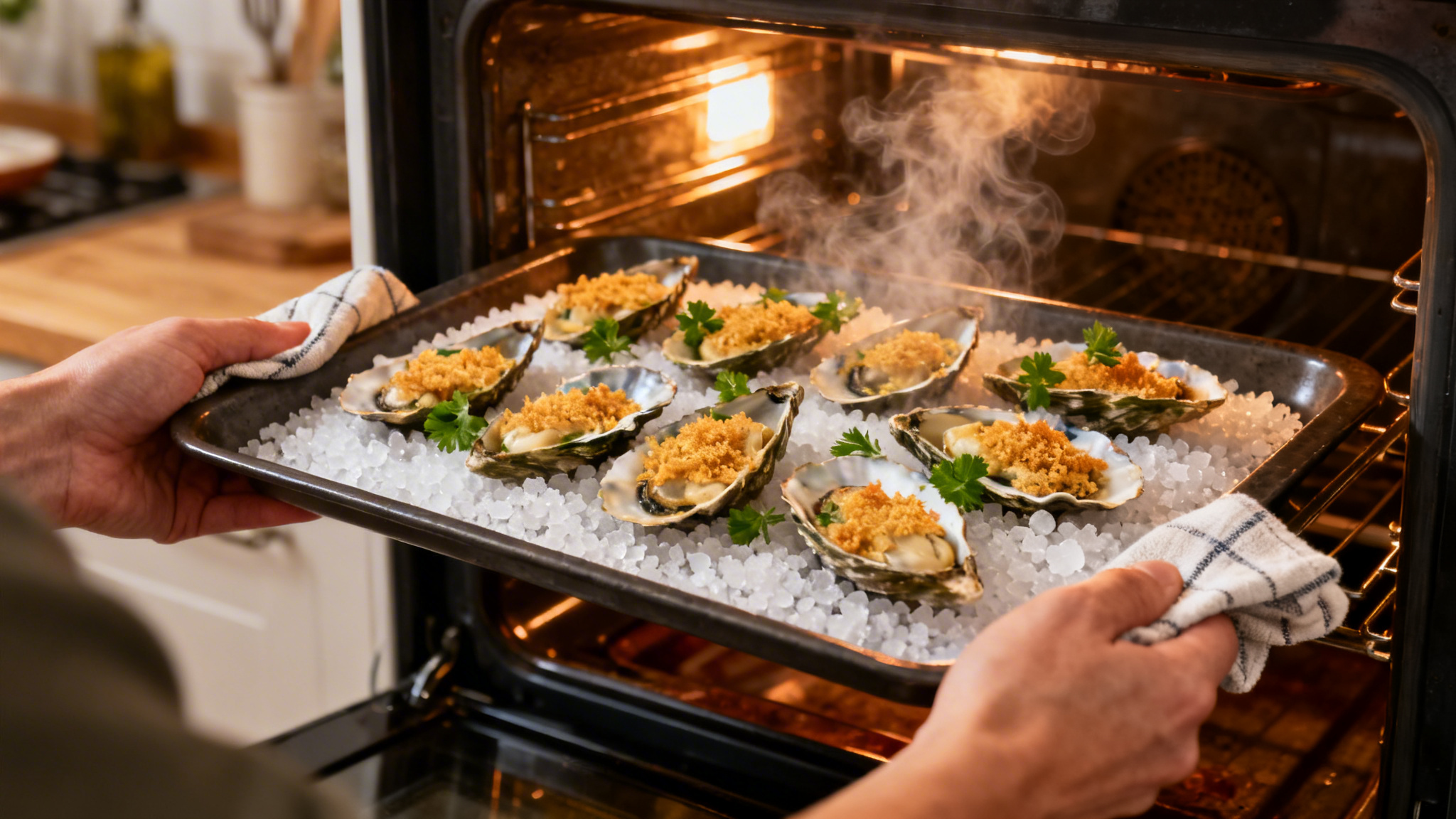 Huîtres au four gratinées, dorure croustillante au gril