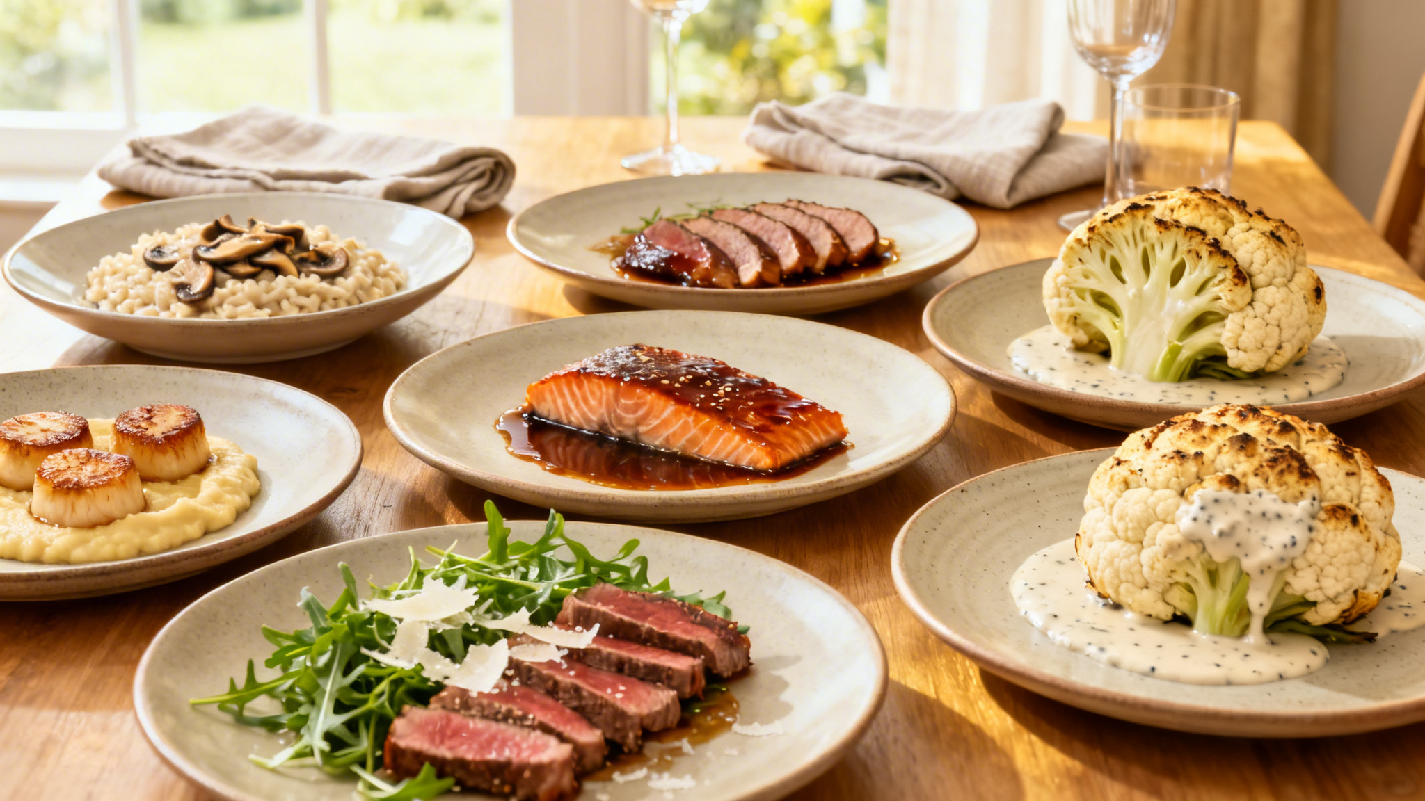 Idées de plats dignes d'un restaurant à la maison sur une table élégante