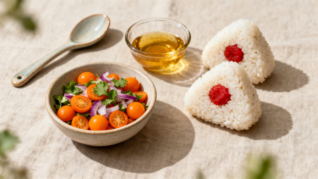 Salsa d’uchuva, vinaigrette à l’Ugli et onigiri à l’umeboshi
