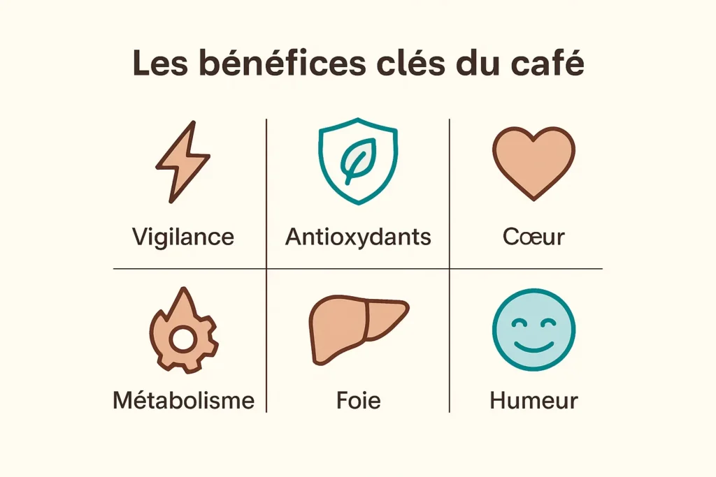 Infographie synthétique des bénéfices clés du café