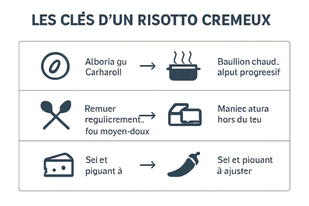 Schéma des étapes clés&nbsp;: riz arborio, bouillon chaud, mantecatura